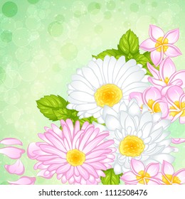 Vector illustration of a bouquet with different flowers with a bright glowing background. Design of a background for the invitation to a holiday