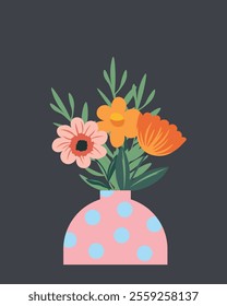 Vector illustration. Bouquet, floral arrangement. Modern design. Dark background.