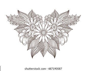 Vector illustration of a bouquet, floral pattern coloring for adults. Background in the boho style doodle, colorless.