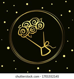 Vector illustration of a bouquet of flowers in a circle hand-drawn. Vector icon gold line isolated on black background for design