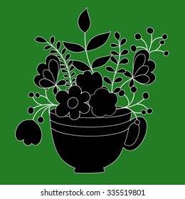 Vector illustration with bouquet of flowers in cup in black and green colors