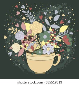 Vector illustration with bouquet of flowers in cup