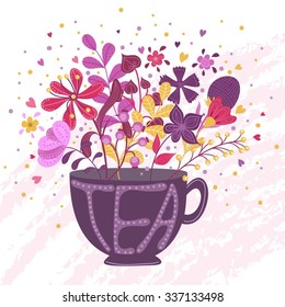 Vector illustration with bouquet of flowers in cup
