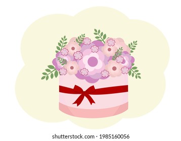Vector illustration of a bouquet of flowers in a gift box tied with a ribbon