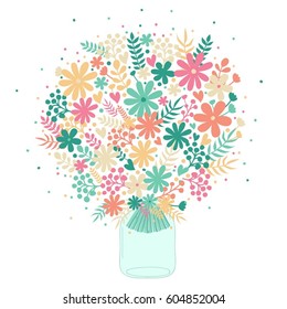 Vector illustration with bouquet of flowers in jar. Spring card in bright colors.