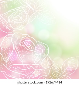 Vector illustration of a bouquet with flowers and leaves. Spring or summer card on defocus background
