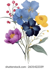 vector illustration bouquet of flowers pink, purple, yellow, blue orchid isolated on transparent background, Ideal for spring designs, wedding invitations, textile patterns, and nature-themed artworks