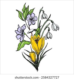 Vector illustration of a bouquet of flowers from separate isolated elements. Design on a white background.