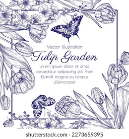 Vector illustration of a bouquet of flowers of tulips and cherry blossoms surrounded by butterflies in the style of engraving