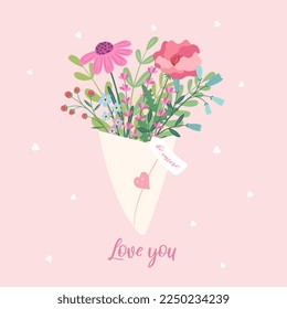 Vector illustration of bouquet of flowers. Valentine's Day. Love concept. Greeting card, poster, banner. Lovely romantic background. Flat  cartoon vector design.