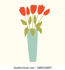 Vector Illustration of a Bouquet of Flowers in Vase in Flat Hand Drawn Style.Red Spring Tulips Isolated on white background.Floral Cute Decor for the Interior.