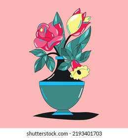 Vector illustration of a bouquet of flowers in a vase. Color trend. Creative bouquet of flowers Tulip buds, a rose in a vase in a jug of water flowers plants for decoration flowering herbs