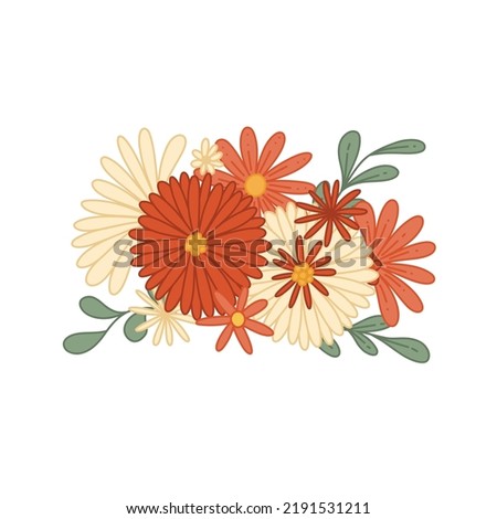 Vector illustration of a bouquet of groovy flowers with foliage and tems. Retro floral bouquet image. Hippie mood. Flower power clipart for stickers, printing on t-shirts, mugs, pillows.