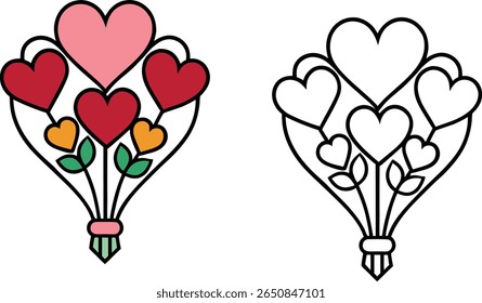 Vector illustration of a bouquet of hearts in color and outline versions on white background