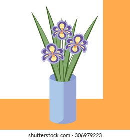 Vector illustration of bouquet of iris flowers. Card of purple abstract flowers with leaves in blue vase. 