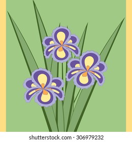 Vector illustration of bouquet of iris flowers. Card of purple abstract flowers with leaves on the soft green background. 