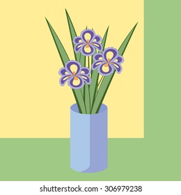 Vector illustration of bouquet of iris flowers. Card of purple abstract flowers with leaves in blue vase. 