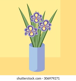 Vector illustration of bouquet of iris flowers. Card of purple abstract flowers with leaves in blue vase. 