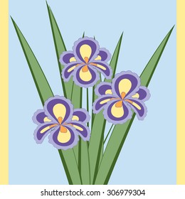 Vector illustration of bouquet of iris flowers. Card of purple abstract flowers with leaves on the light blue background. 