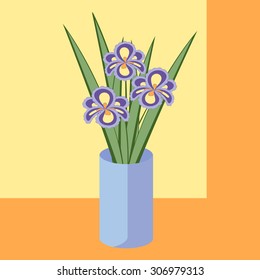 Vector illustration of bouquet of iris flowers. Card of purple abstract flowers with leaves in blue vase. 