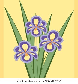 Vector illustration of bouquet of iris flowers. Card of purple abstract flowers with leaves on the soft yellow background. 