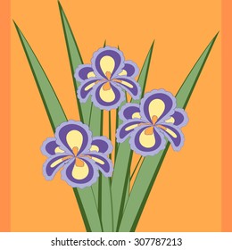 Vector illustration of bouquet of iris flowers. Card of purple abstract flowers with leaves on the orange background. 