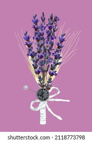 ilustración vectorial de un ramo de lavanda y espigas sobre un fondo plano aislado con un broche de plata y una cinta blanca
