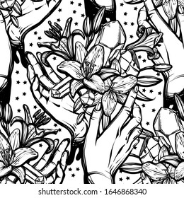 Vector illustration, bouquet of lilies and crystals in the hands, mysterious, magical, Handmade, print, light  background, seamless pattern