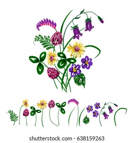 Vector illustration of bouquet made from wildflowers. Clover, trefoil, chamomile, bluebells and green grass.