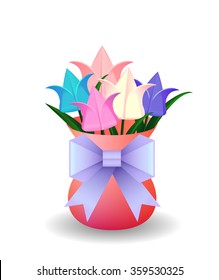 Vector illustration of a bouquet of origami tulips in vase and origami paper purple bow for your design