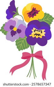 Vector illustration of a bouquet of pansies tied with a pink ribbon
