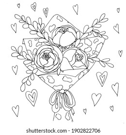 Vector illustration with a bouquet of peonies for coloring. Anti-stress coloring book for adults. Peonies and twigs are wrapped in paper and surrounded by hearts.