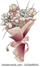 Vector illustration of a bouquet of peonies flowers. Bright illustration for romantic events design, card, poster, banner, flower shop decoration.