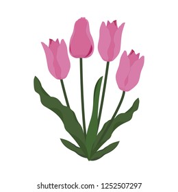 Vector illustration of a bouquet of pink tulips on white isolated background. Template for postcard, poster, web design.