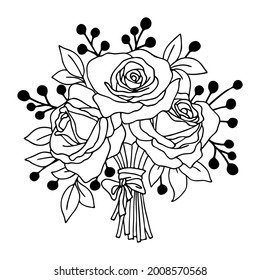 Ilustración vectorial, ramo de rosas, dibujo en negro, aíslar sobre un fondo blanco