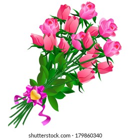 vector illustration of bouquet of roses on a white background, bow and gold heart