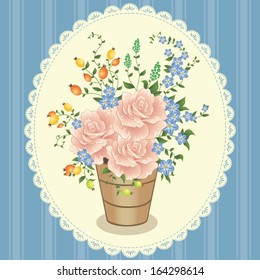 Vector illustration of a bouquet with roses, small dark blue flowers and rose hips