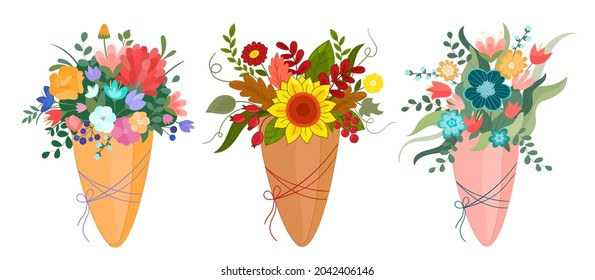 Ilustración vectorial conjunto de ramo de primavera, verano, flores de otoño en el embalaje de papel kraft sobre fondo blanco aislado