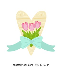 Ilustración vectorial del ramo de flores primaverales frente al corazón de madera. Bouquet de tulipanes rosados con arco verde pastel. Para tarjetas de Pascua y Día de San Valentín. 