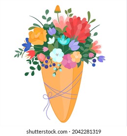 Vector illustration bouquet of spring flowers in kraft paper packege