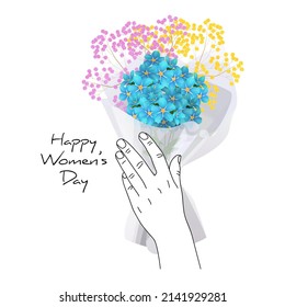 Vector illustration bouquet of spring flowers held by  linear hand. Concept of Valentine s Day, congratulations, International Women s Day. You can use element in postcards, banners, web design, etc.