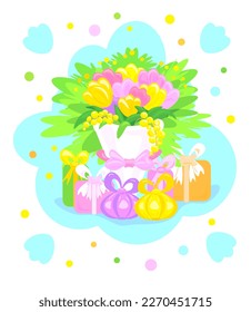 Vector illustration of a bouquet of spring flowers for children's miles colorful in cartoon style. Ideal fabric design, wrap, textiles, wallpaper, greeting cards..