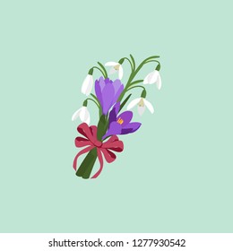 Vector illustration of a bouquet of spring snowdrops and crocuses on an isolated background. Template for postcard, poster, cover, web design.