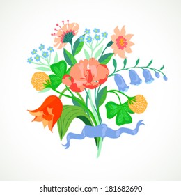 Vector illustration of a bouquet of spring and summer flowers: tulips, peony, blue bells, clover and forget-me-nots tie is made in modern flat style and is perfect for a wedding invitation