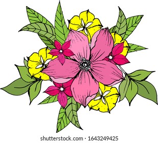 Vector illustration. Bouquet of stylized bright flowers and green leaves in the style of hand drawing. Illustration with black contours.