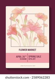 Vector illustration of bouquet with stylized flowers and leaves in soft colors. Design of poster, flyer, advertising. Spring, flower shop, flower market concept.