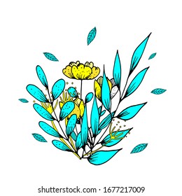  Vektorillustration. Bouquet mit stilisierten Pflanzen im Stil der Handzeichnung in schwarzen Konturen. Pflanzen auf Gelb und Türkis.