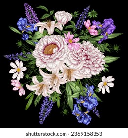 Vector illustration of a bouquet of summer flowers. Peonies, lilies, cosmos, lupine, iris