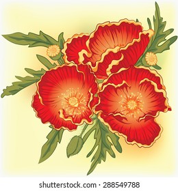 Vector illustration bouquet of three red poppies