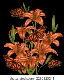 Vector illustration bouquet tiger lilies   monarch butterflies